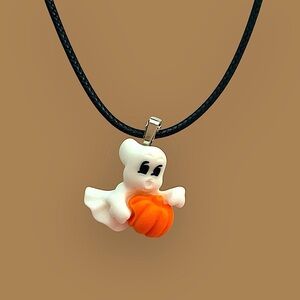 Ghost & Pumpkin Pendant Necklace White and Orange Halloween Handmade NWT